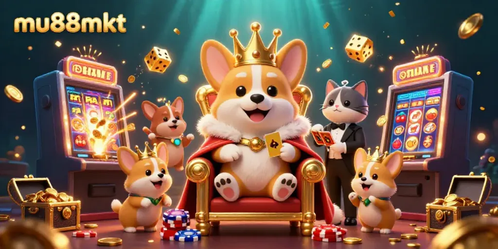 Experience mu88mkt's vibrant online casino world with a royal corgi and slots bursting with excitement.