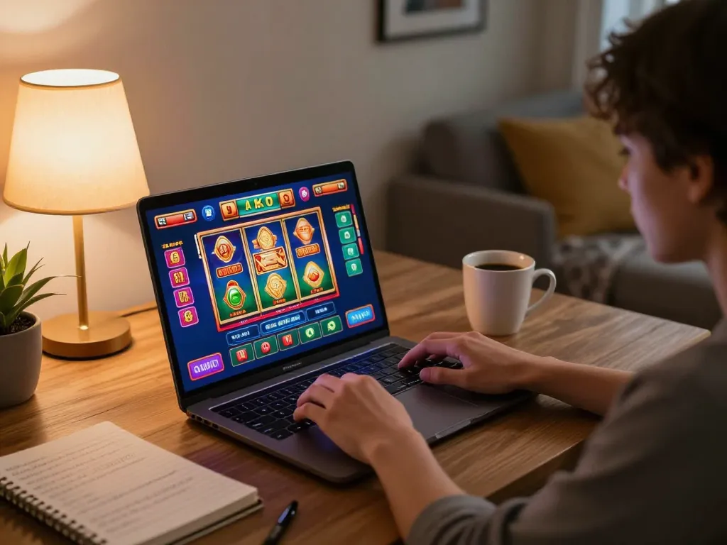 Player enjoying casino games on okfun app in a cozy home setting.