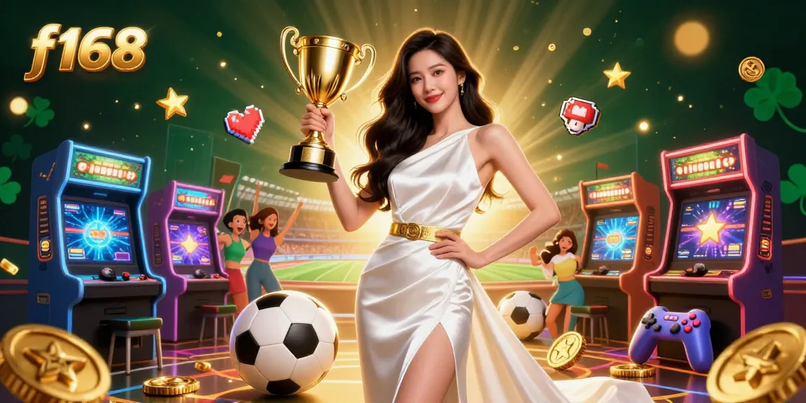 Experience the thrill of winning with f168 in this dynamic casino scene featuring a confident Asian winner holding a trophy surrounded by gaming elements.