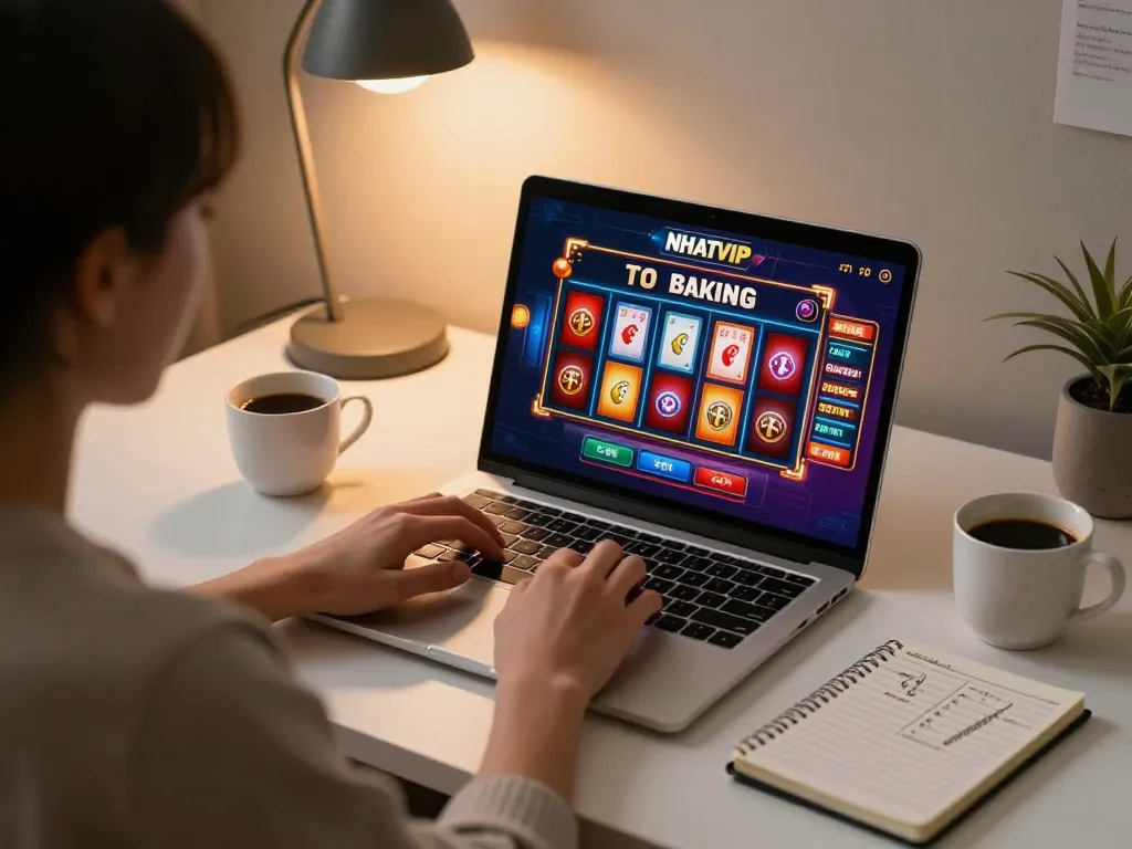 Engaged player enjoying NHATVIP online casino gaming at home on a sleek laptop.