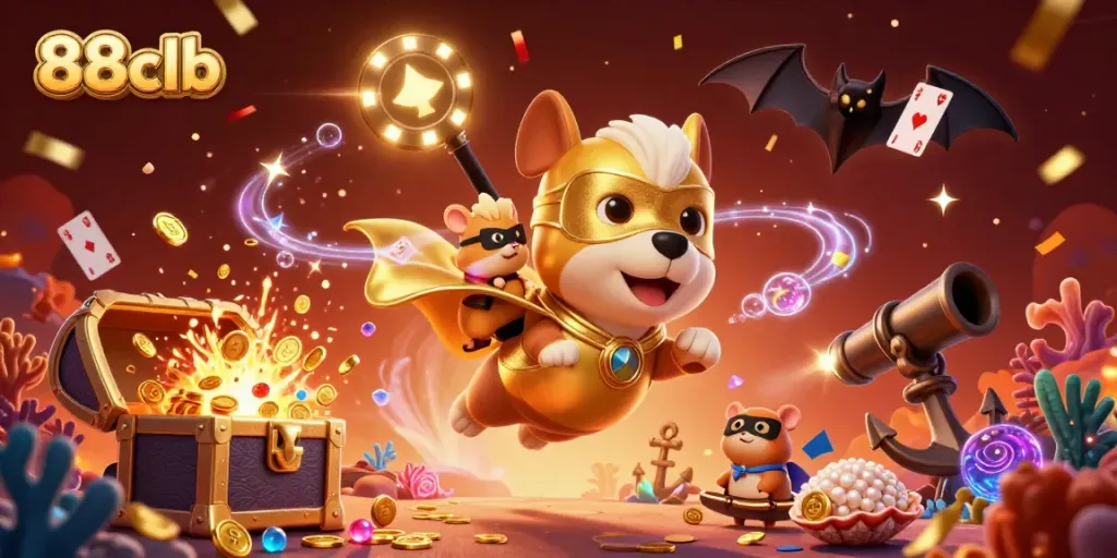 Experience thrilling adventures with 88clb's cartoon heroes amidst rich casino treasures and festive elements.