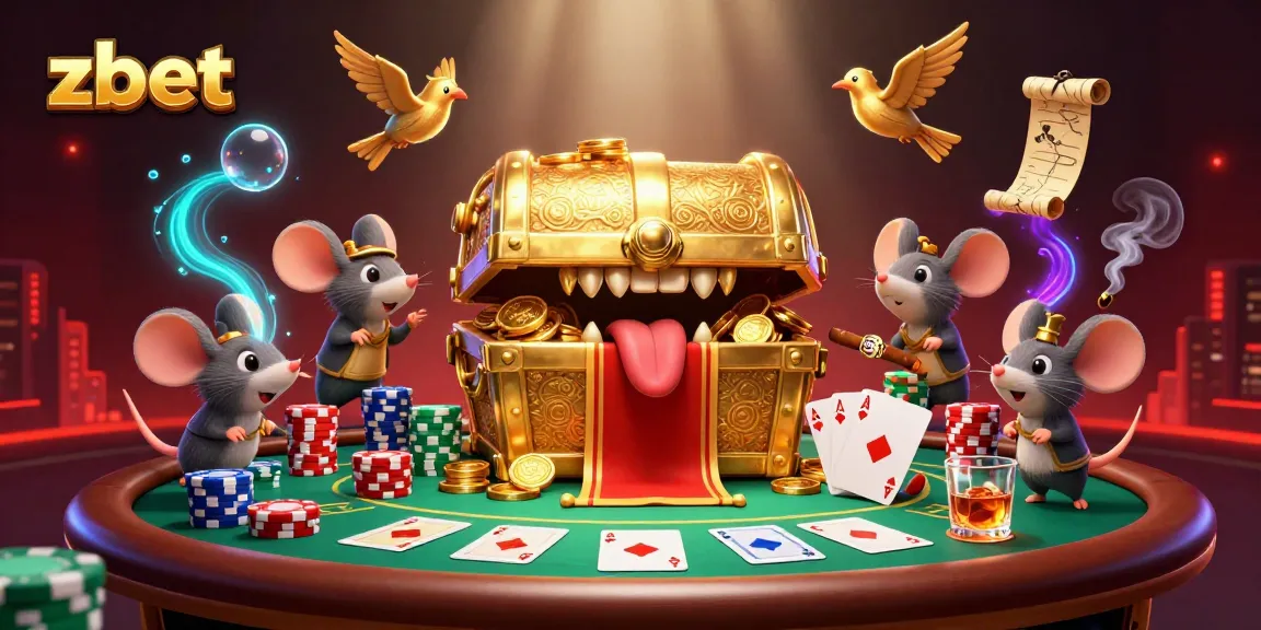 Engage players with zbet in this vibrant casino scene featuring a treasure chest and poker elements.