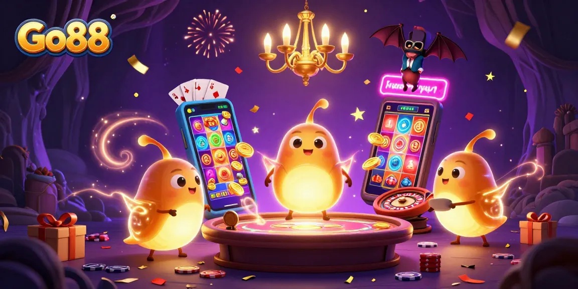 Go88 illustrations depicting a vibrant online casino atmosphere with glowworms and a bat dealer.