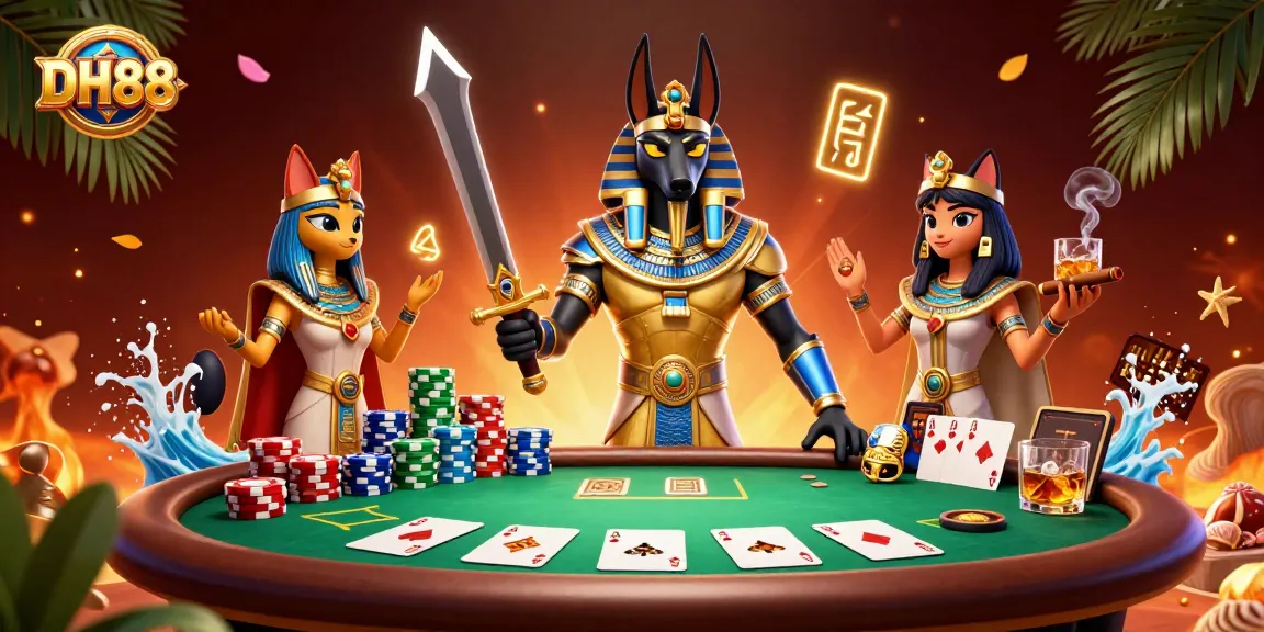 Experience thrilling poker action with DH88's vibrant gaming atmosphere, highlighted by characters and casino elements.
