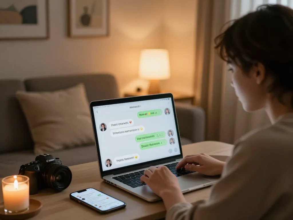 Engaging in an ai nsfw chat in a cozy living room setting with warm lighting.