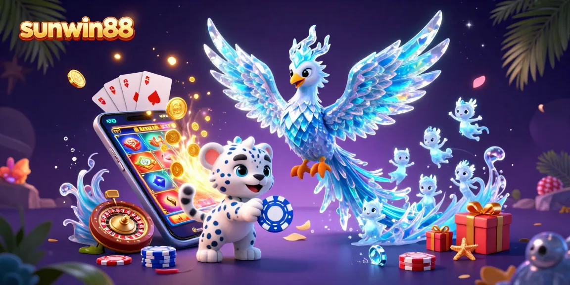 Experience the thrill of gambling at sunwin88, showcasing vibrant casino elements and enchanting characters in a magical setting.