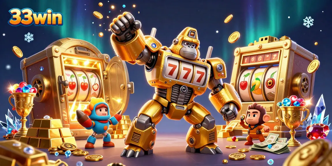 33win showcases a dynamic illustration of a golden gorilla mech with coins and slot reels, symbolizing casino excitement.