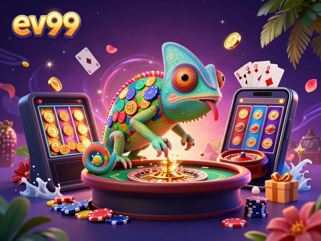 Experience the vibrant casino world with ev99's animated chameleon owner and dynamic game elements.