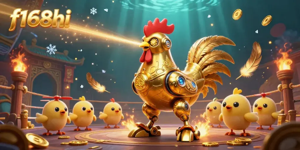 Engage with f168hi’s vibrant 3D casino illustration featuring a retro-futuristic rooster robot and baby chick drones.