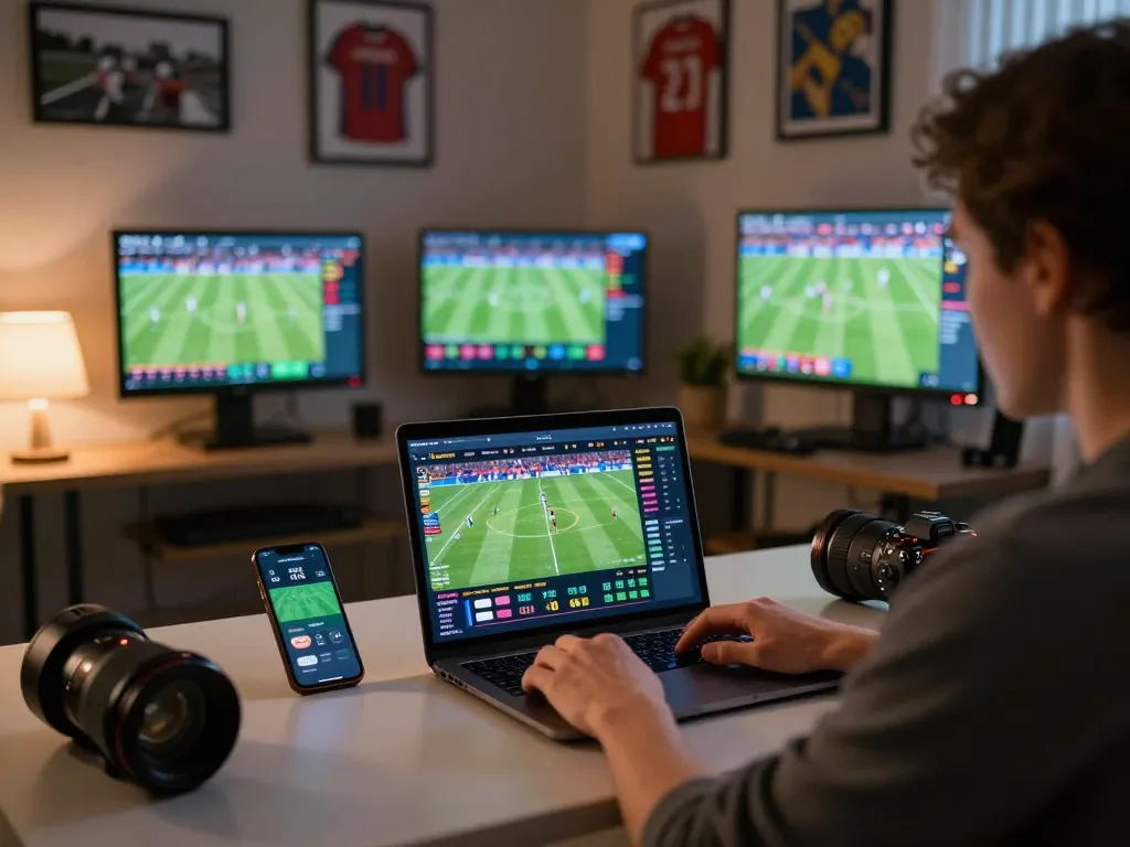 Person engaging in online sports betting at https://keotructuyen.jpn.com/ with laptop showing live match odds in a cozy setting.