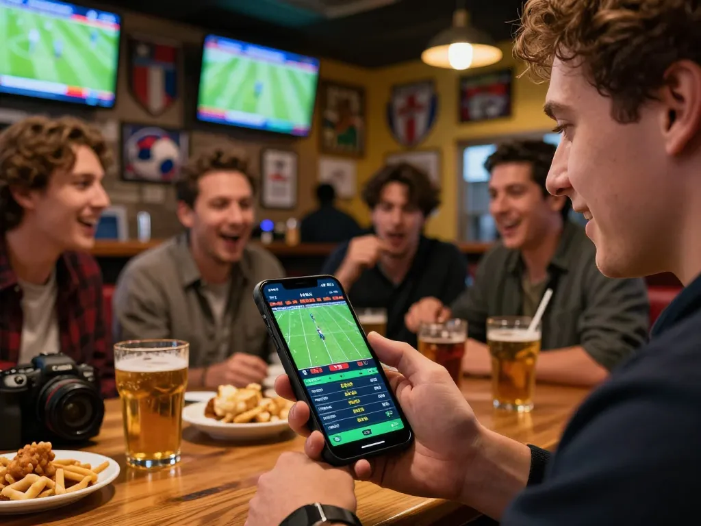 Engaged sports bettor using smartphone to place bets at a lively sports bar, showcasing trang cá cược bóng đá experience.