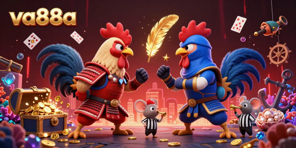Experience va88a with dynamic fighting roosters battling amidst treasure-laden underwater scenery in a vibrant casino setting.