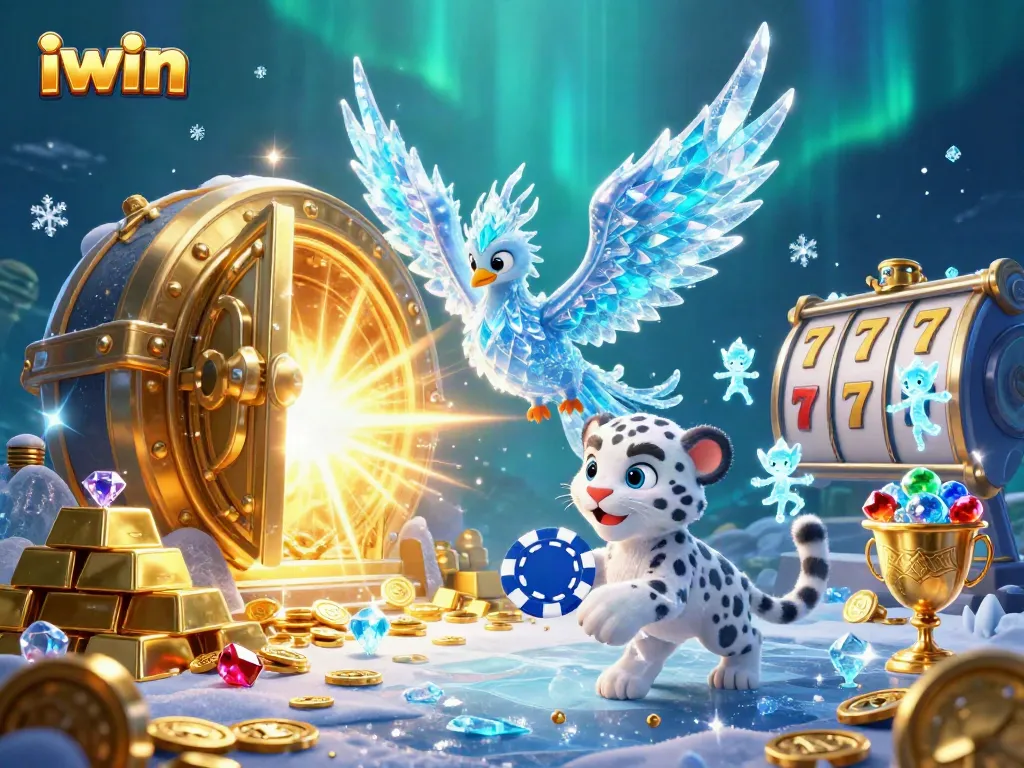 Engage with iwin's vibrant casino world, showcasing an ice phoenix and slot reels in dazzling detail.