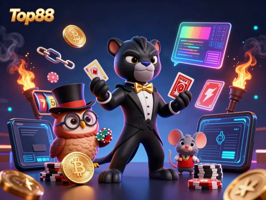 Join the excitement at Top88 with our vibrant 3D card dealing scene featuring a stylish panther and friends.