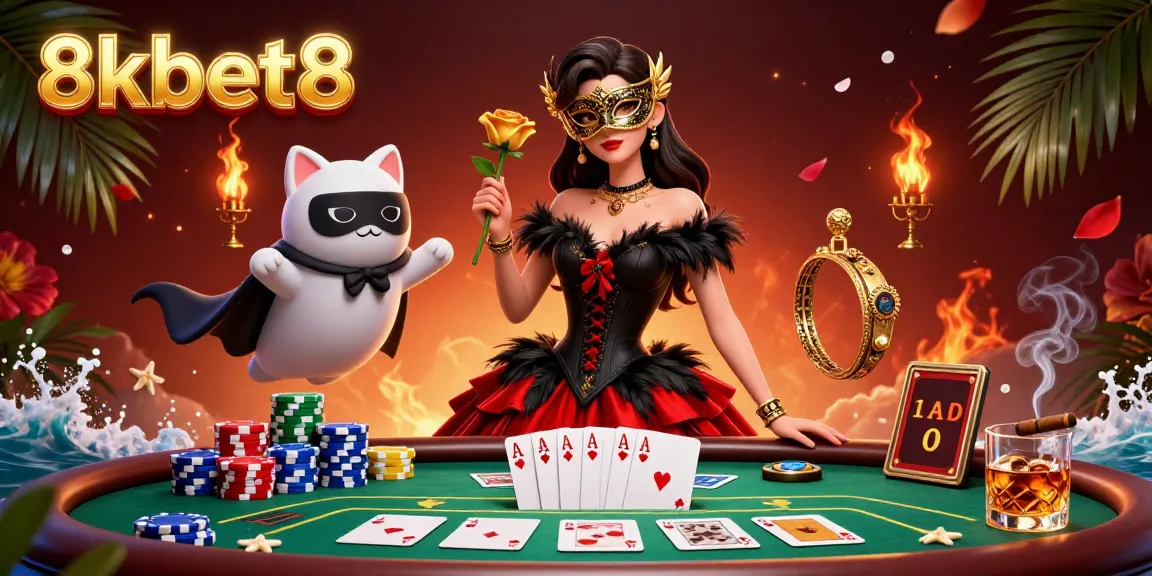 Engage in thrilling gaming action with the vibrant 8kbet8 casino scene featuring poker elements, captivating characters, and dynamic visuals.