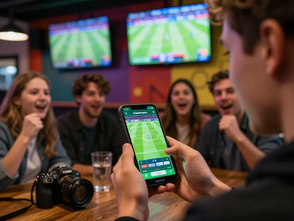 Sports betting on Nowgoal app during a live match with friends in a lively bar atmosphere