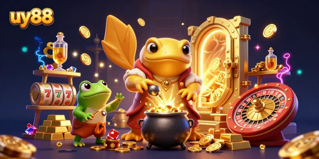 Experience the excitement of uy88 as golden coins and gaming elements fill the scene in this dynamic casino-themed illustration.