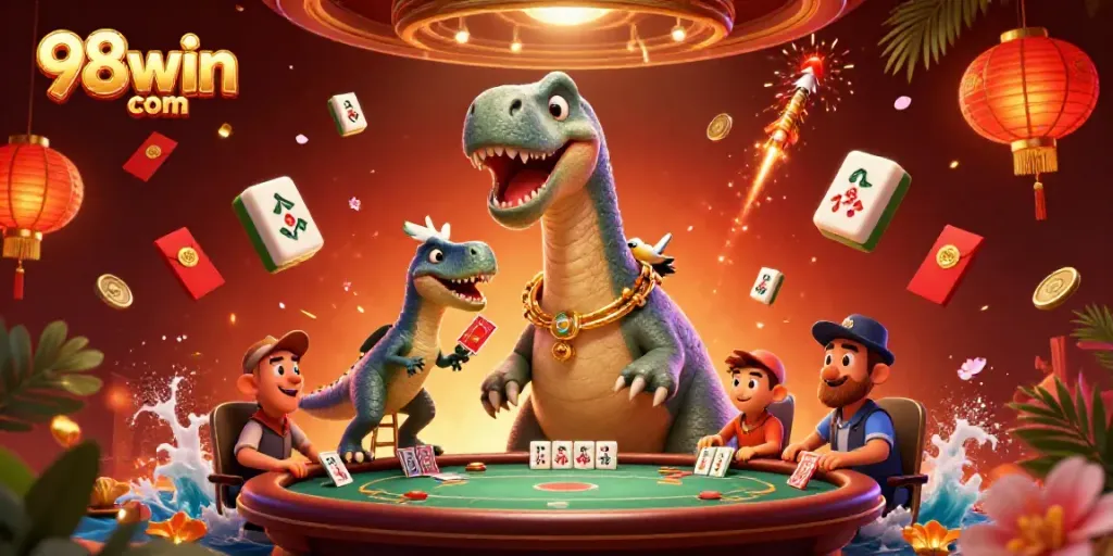 Experience excitement with 98win com and playful characters in a vibrant casino setting