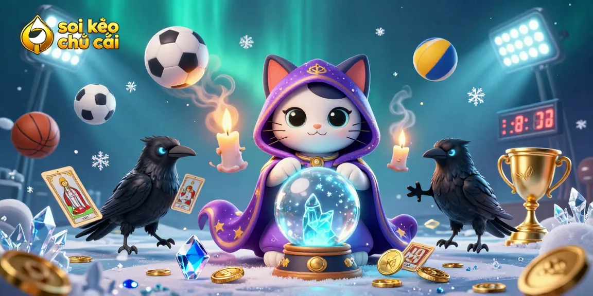 Soi kèo nhà cái scene features a fortune teller cat and raven with sports balls and stadium elements.