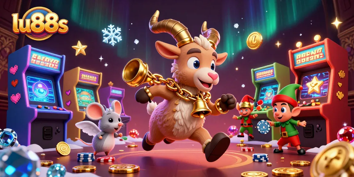 lu88s players enjoy festive 3D casino scene with Krampus, mouse, and gremlins stealing chips