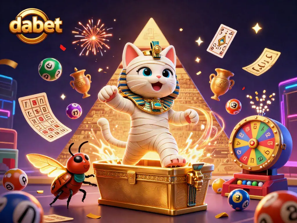 dabet's vibrant 3D illustration showcases a playful mummy cat and glowing scarab amidst exciting casino elements.