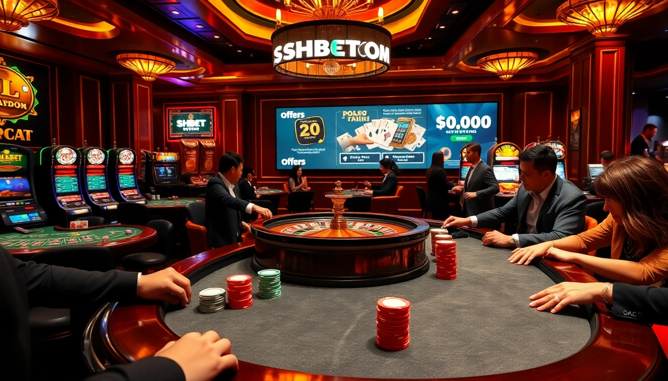 Experience the excitement of SHBETCOM at a luxurious casino table with vibrant poker action and roulette.