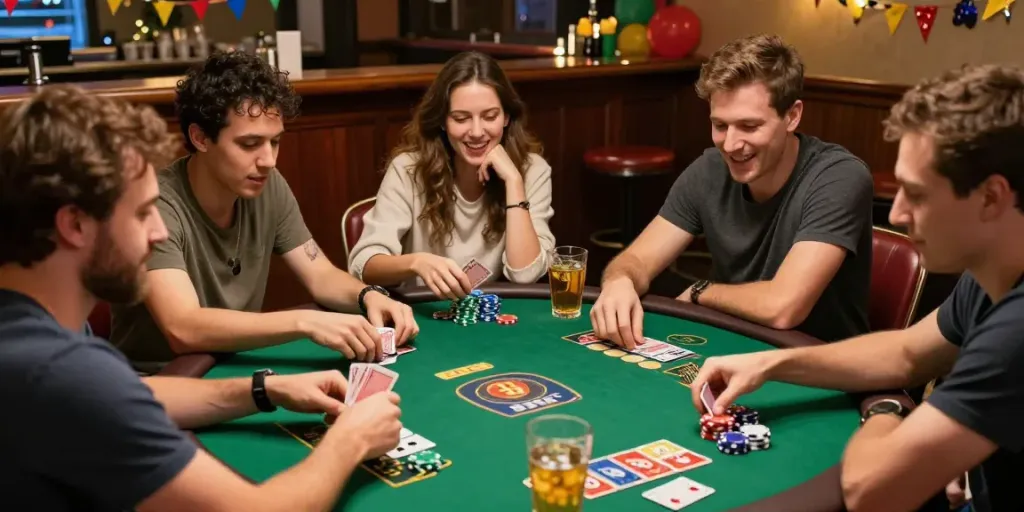 Players enjoying a round of 3 Patti no1 in a lively atmosphere with cards and chips.