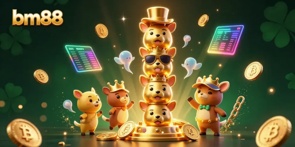 Spin with bm88's vibrant casino totem surrounded by Bitcoin and Ethereum details