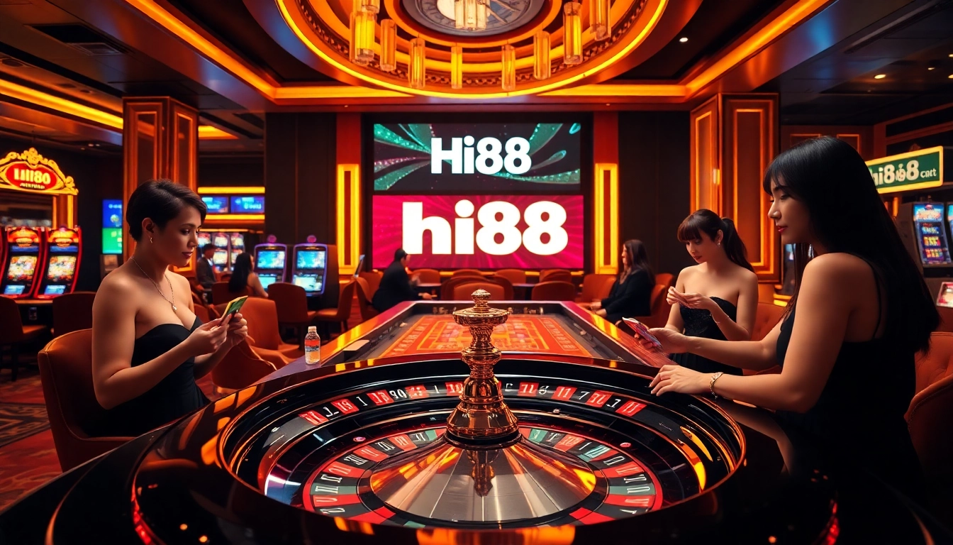 Players enjoying high-stakes gambling at Hi88 casino table with vibrant atmosphere.