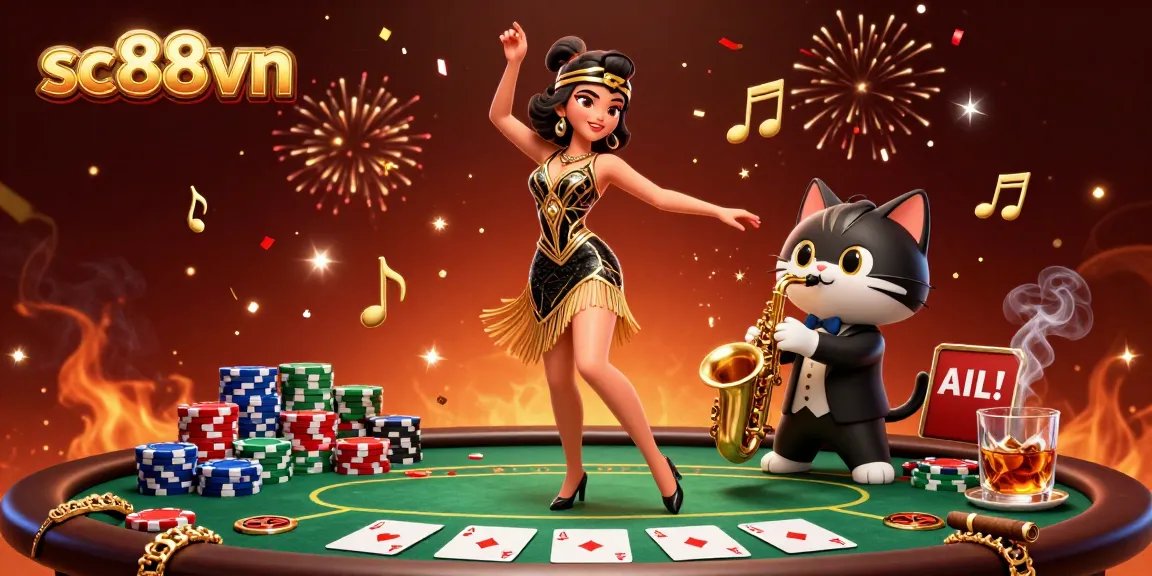 Play exciting poker and celebrate winnings at sc88vn casino with lively characters and vibrant confetti.