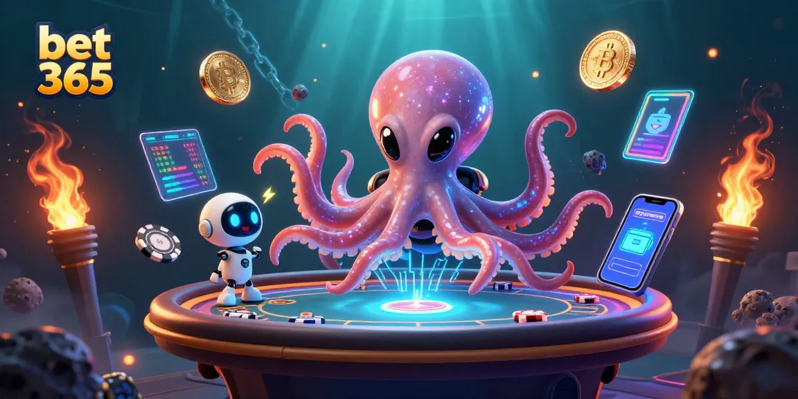 Engage in exciting gaming adventures at bet 365 with a vibrant alien theme featuring poker elements amidst crypto coins.