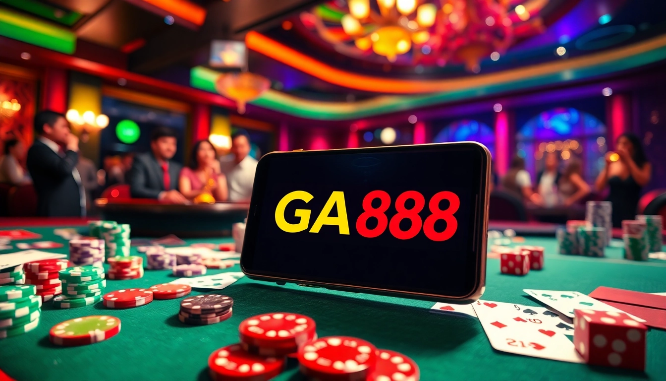 Experience the thrill of betting with GA888 at a vibrant casino table filled with chips and cards.