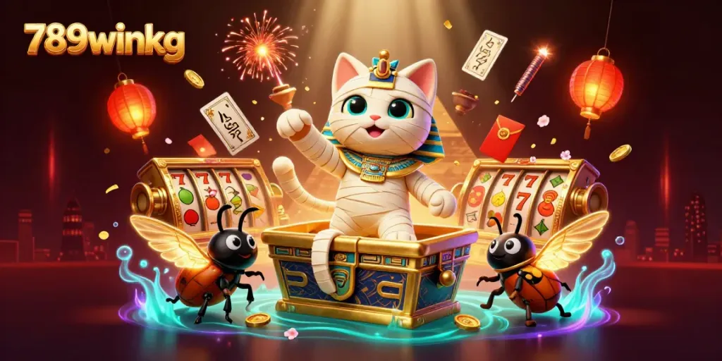 Experience the thrills of 789winkg with an adventurous scene featuring a mummy cat and dynamic casino elements.