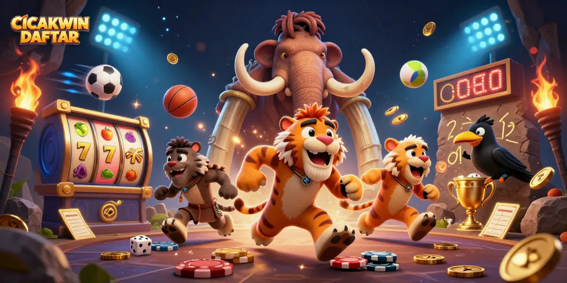 Play at CICAKWIN DAFTAR casino featuring vibrant slot reels and charming cartoon characters.