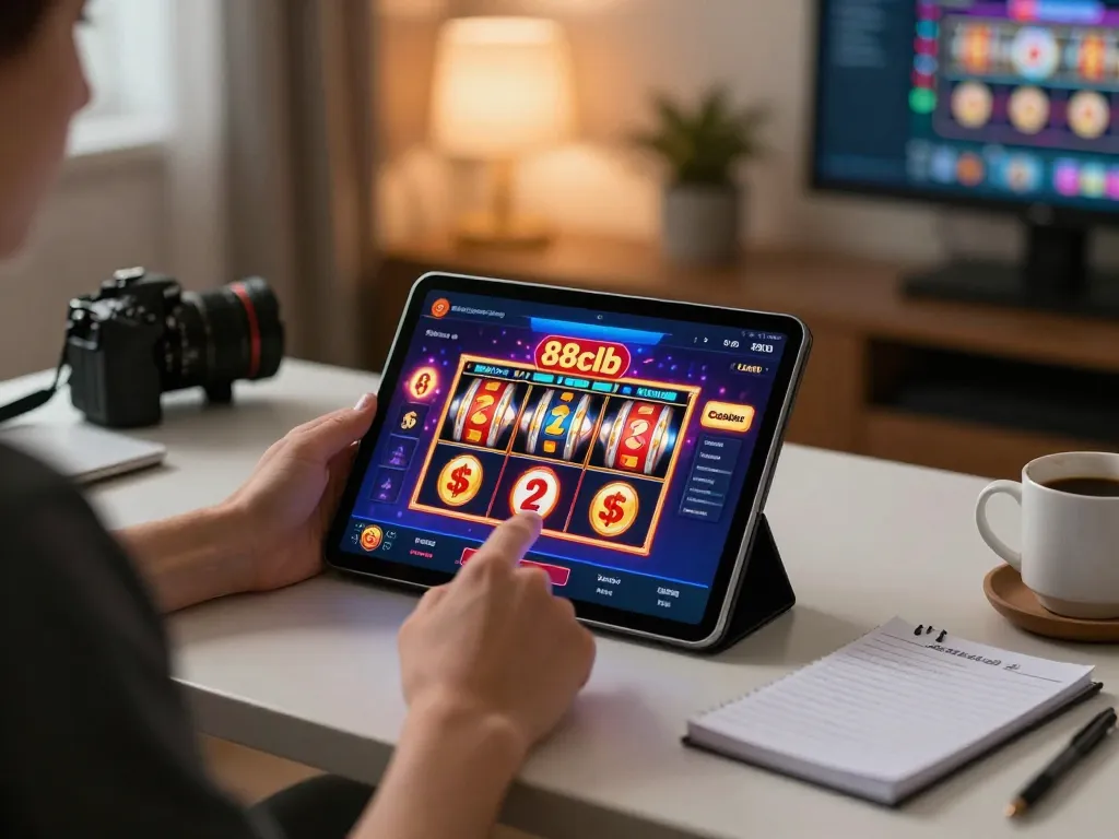 Engaging with the 88clb casino app on a stylish tablet in a cozy home setting, showcasing modern gambling.