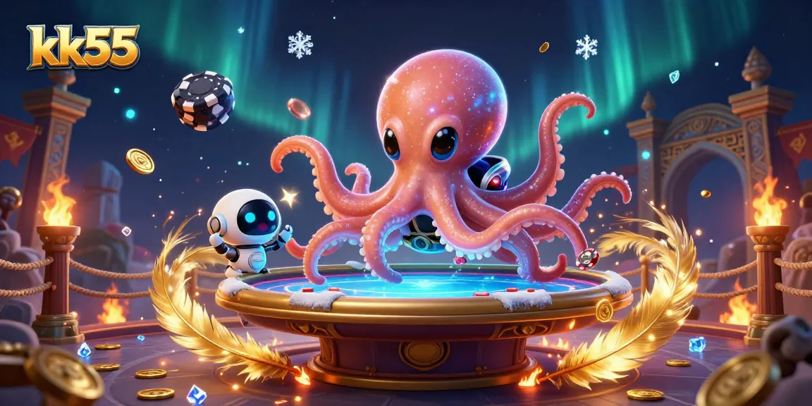 kk55's vibrant casino scene with an alien octopus managing a holographic poker table.