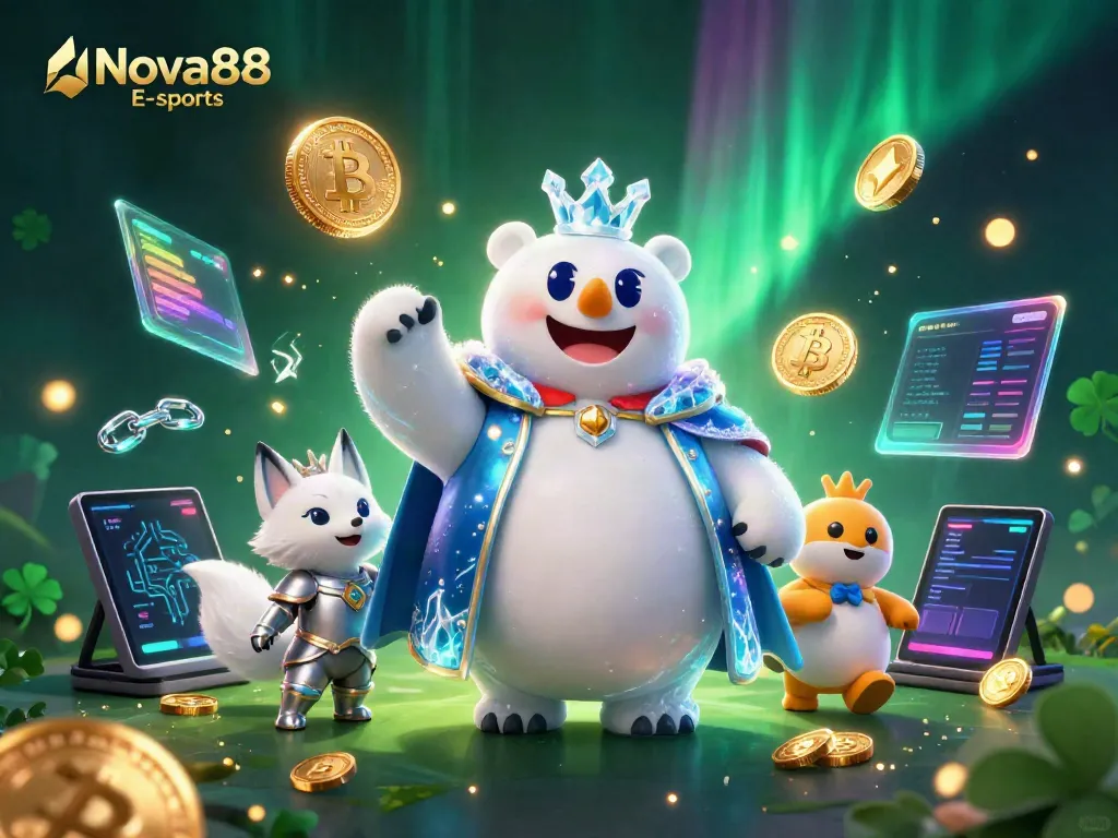 Engage in the thrill of Nova88 E-sports with a captivating illustration of a polar bear and a fox amidst crypto elements