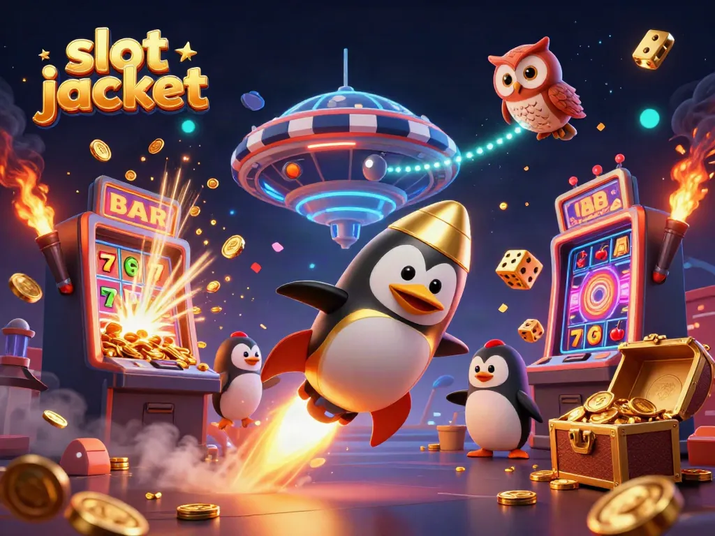 Experience the thrill of hitting a slot jackpot with a 3D cartoon penguin navigating a cosmic casino adventure.