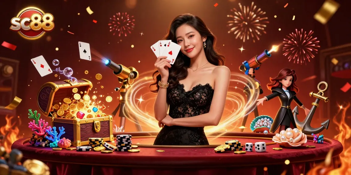 Experience the thrilling world of sc88 as an elegant woman holds ace cards in a vibrant casino scene.