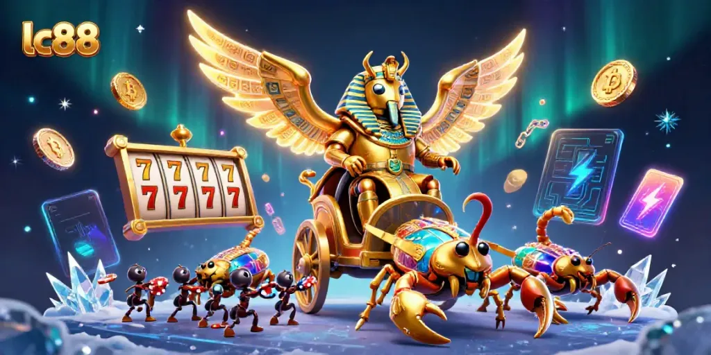 Engage with lc88 slot games in a vibrant 3D illustration of a golden scarab beetle amidst rich casino elements.