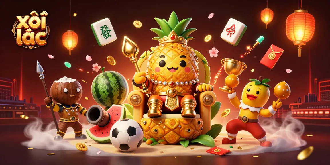 xôi lạc showcases a lively beach casino scene with a golden pineapple king, emphasizing sports betting excitement.