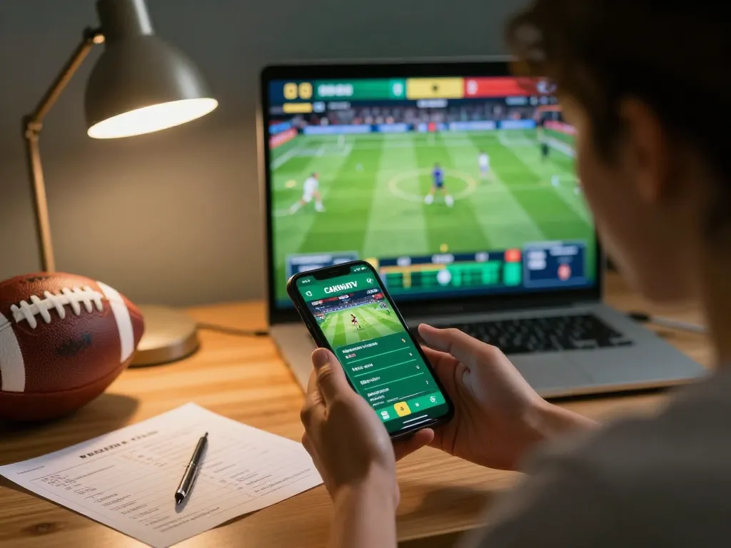 Engaging user betting live on CAKHIATV app during sports events, showcasing excitement and interaction.