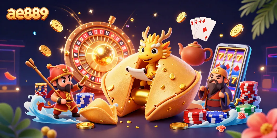 Experience the exciting world of ae889 with 3D cartoon casino elements showcasing fortune cookies and dragons.