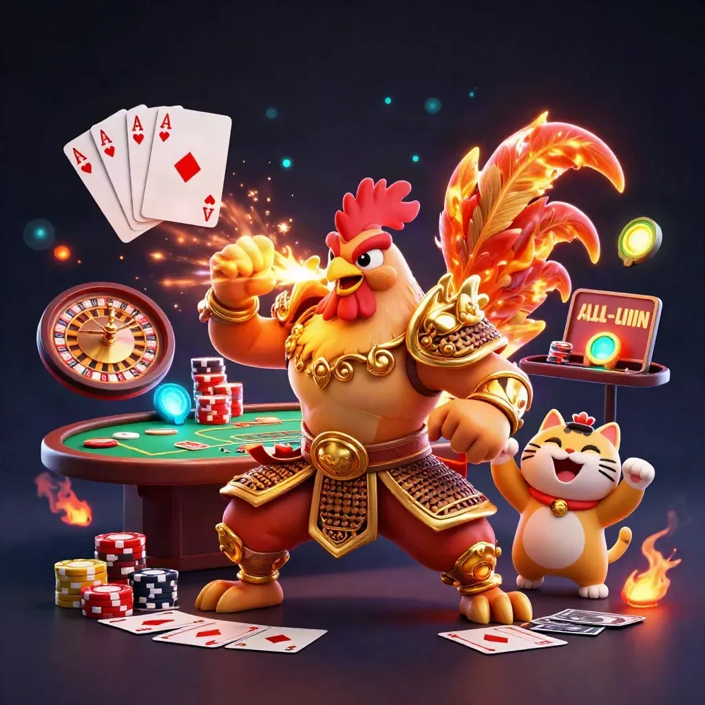 Rooster warrior, dragon hatchling, and fortune-cat amid casino treasures in neon crimson gold light.