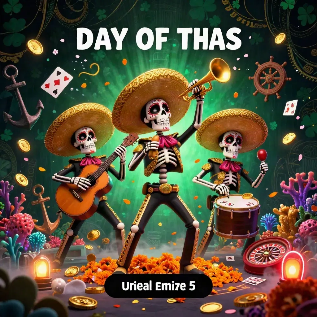 Three skeleton mariachi heroes amid treasure, cards, coral, and neon casino magic.