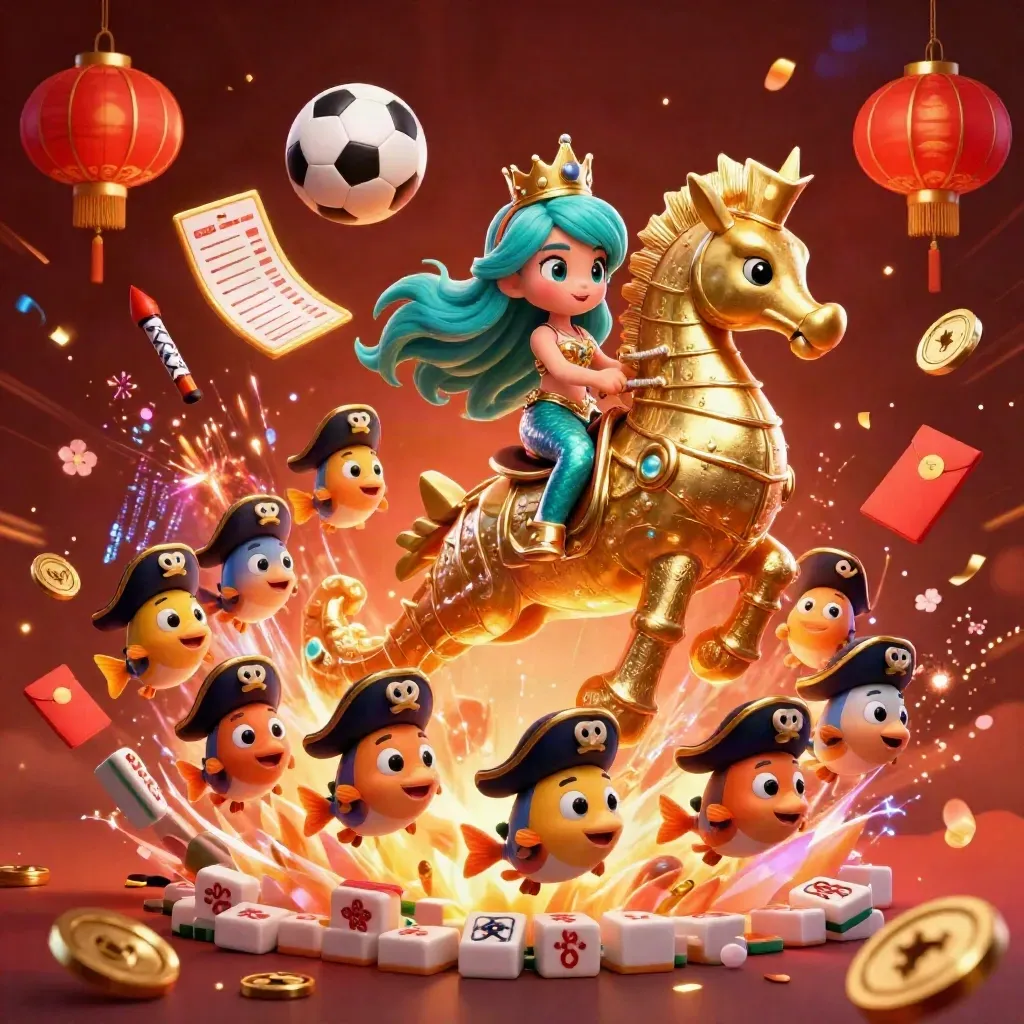 Mermaid princess on armored seahorse amid casino icons, flying balls, lanterns, and glowing ember light