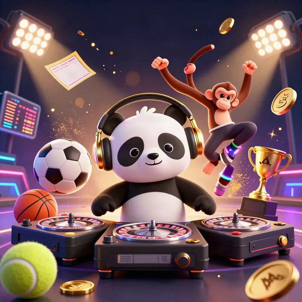 DJ panda, breakdancing monkey and glow-stick kitten amid flying sports balls and casino lights.