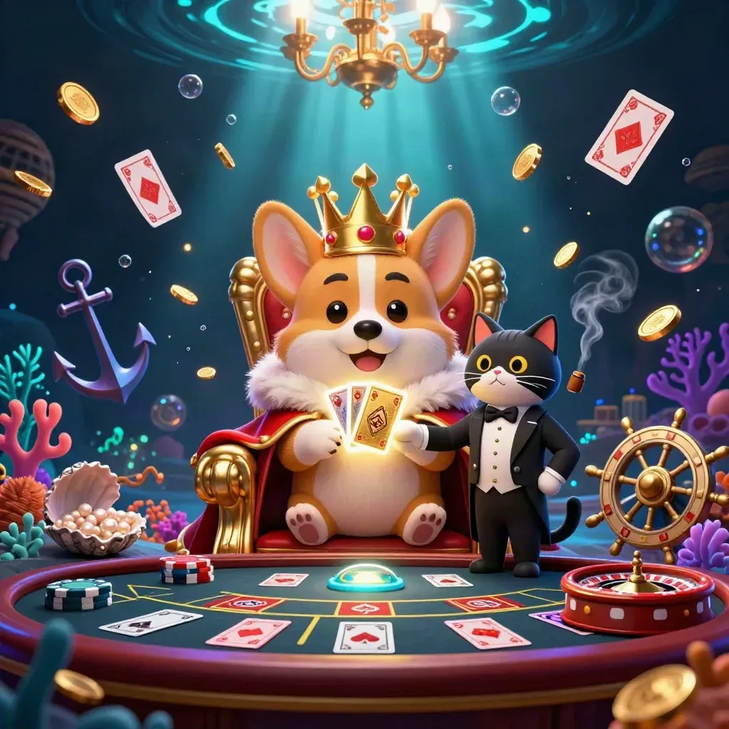 Royal corgi and cat butler in an underwater casino throne room with gold coins and cyan glow
