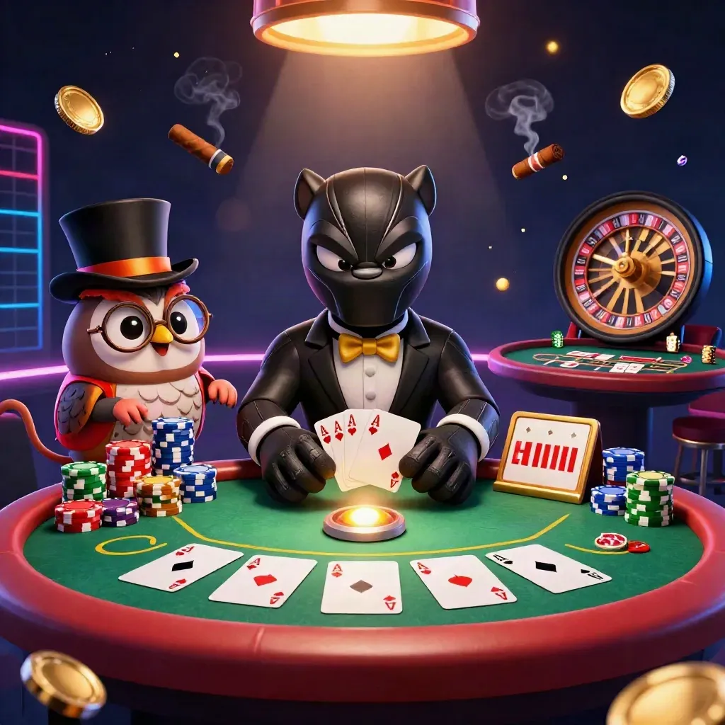 Panther, owl, and mouse in a luxe casino scene with cards, chips, and glowing lights.