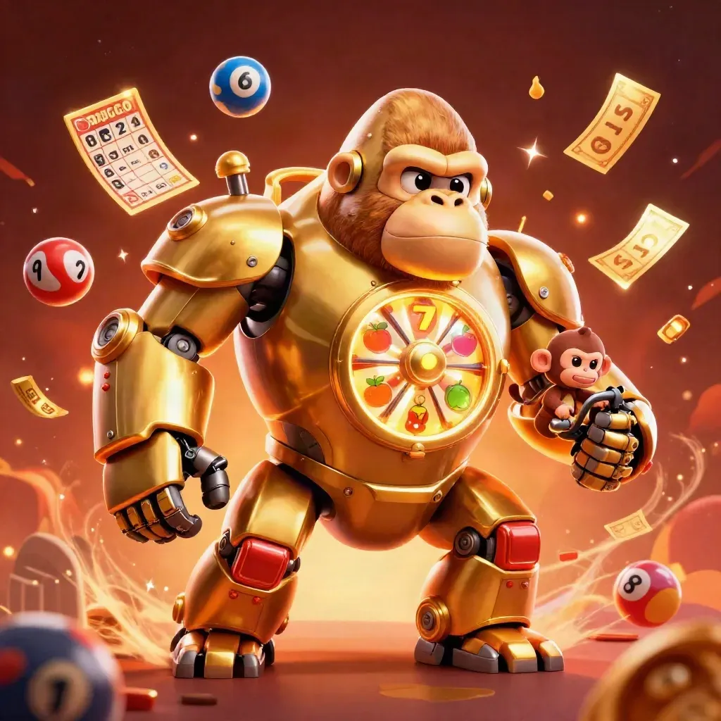 Golden gorilla mech with monkey pilot, lottery balls and fireworks in a neon crimson casino burst